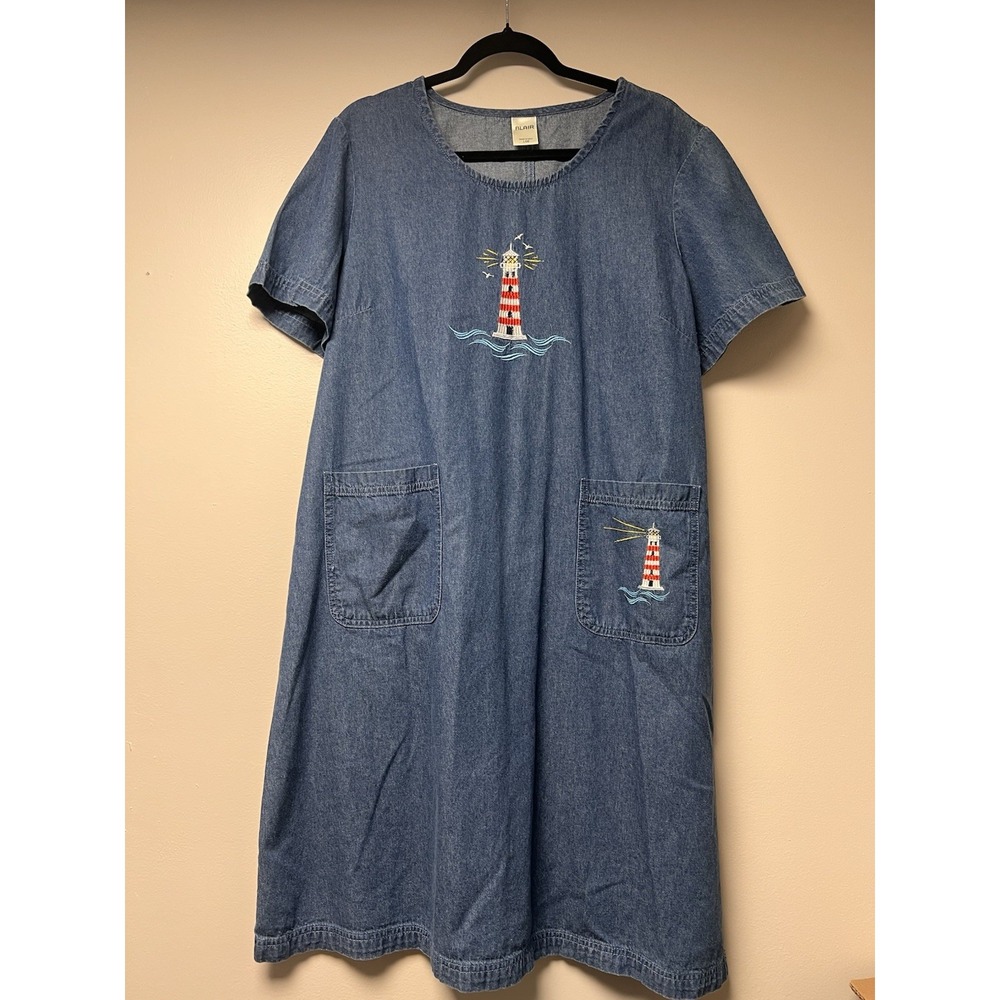 Blair Large Blue Jean Embroidered LightHouses Denim Shift Dress Granny Nautica - Picture 1 of 5